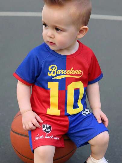 SHEIN 2pcs/Set Unisex Baby Jersey, Contrast Color Block Short Sleeve T-Shirt And Shorts Set, Barcelona Team