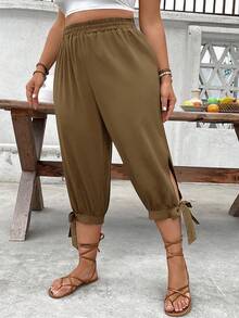 SHEIN CURVE+ Plus Size High Waist Drawstring 7/8 Pants, Spring/Summer - Coffee Brown - View 3