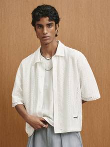 TOKVUE 男士单排扣休闲宽松镂空短袖衬衫 - 白色 - 查看 6