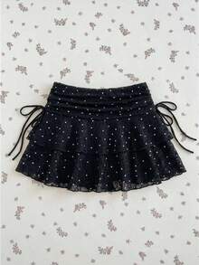 SHEIN Unity 女士波点蛋糕裙，纹理蕾丝面料女士半身裙 夏季波点半身裙 - 黑色 - 查看 1