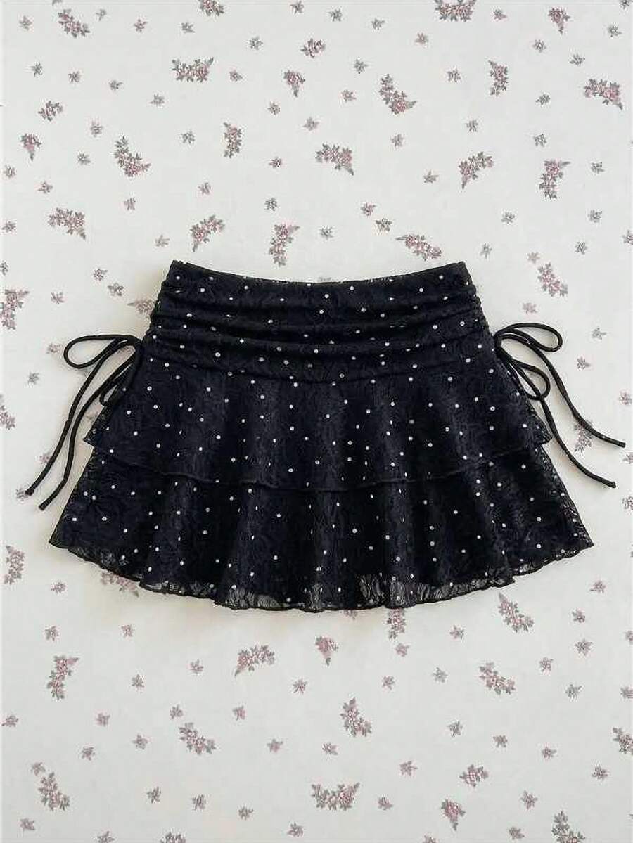 SHEIN Unity 女士波点蛋糕裙，纹理蕾丝面料女士半身裙 夏季波点半身裙 - 黑色 - 查看 1
