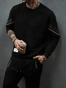 Conjunto de ropa deportiva de sudadera de cuello redondo de manga larga casual y versátil para hombres - Negro - Ver 4
