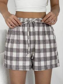 DAZY Plaid Pattern Loose Fit Shorts, Women Summer Casual Sleepwear Bottoms - Grey - View 5