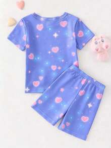 4件套女婴贴身睡衣套装，可爱猫咪爱心夜光印花，弹力针织面料，短袖上衣和裤子 - 紫色 - 查看 2