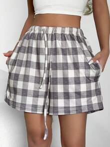 DAZY Plaid Pattern Loose Fit Shorts, Women Summer Casual Sleepwear Bottoms - Grey - View 7