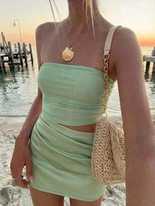 Aloruh 女士优雅缎面纯色镂空褶皱修身迷你抹胸连衣裙，夏季 - 綠色 - 查看 8