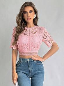 Firerie Camiseta de mujer con transparencia de encaje para el verano - Rosa vieja - Ver 5