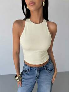 Aloruh Women's Backless Criss-Cross Solid Color Sexy Fitted Camisole,Summer Top - Apricot - View 4