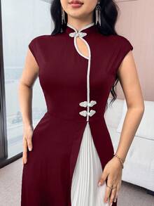 Feyla Women's Contrast Color Cheongsam Collar Dress - Burgundy - View 4