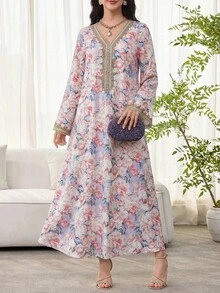 Al Najma 女士花卉印花钩编拼接长袖连衣裙，优雅端庄的A字型卡夫坦长袍，适合晚宴/婚礼宾客/周年纪念/日常穿着 - 淺粉色 - 查看 7