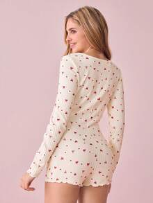 Bonmuse Women's Half-Zip Bow & Heart Print Cute Ribbed Knit Jumpsuit, Casual & Comfortable Long Sleeve - Multicolor - View 2