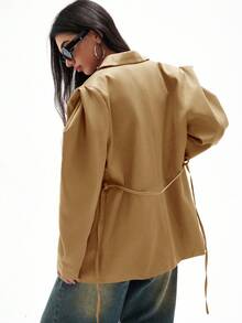 Loose Fit Casual Commuting Versatile Extra Wide Shoulder Silhouette Drawstring Decor Solid Color Blazer - Camel - View 2