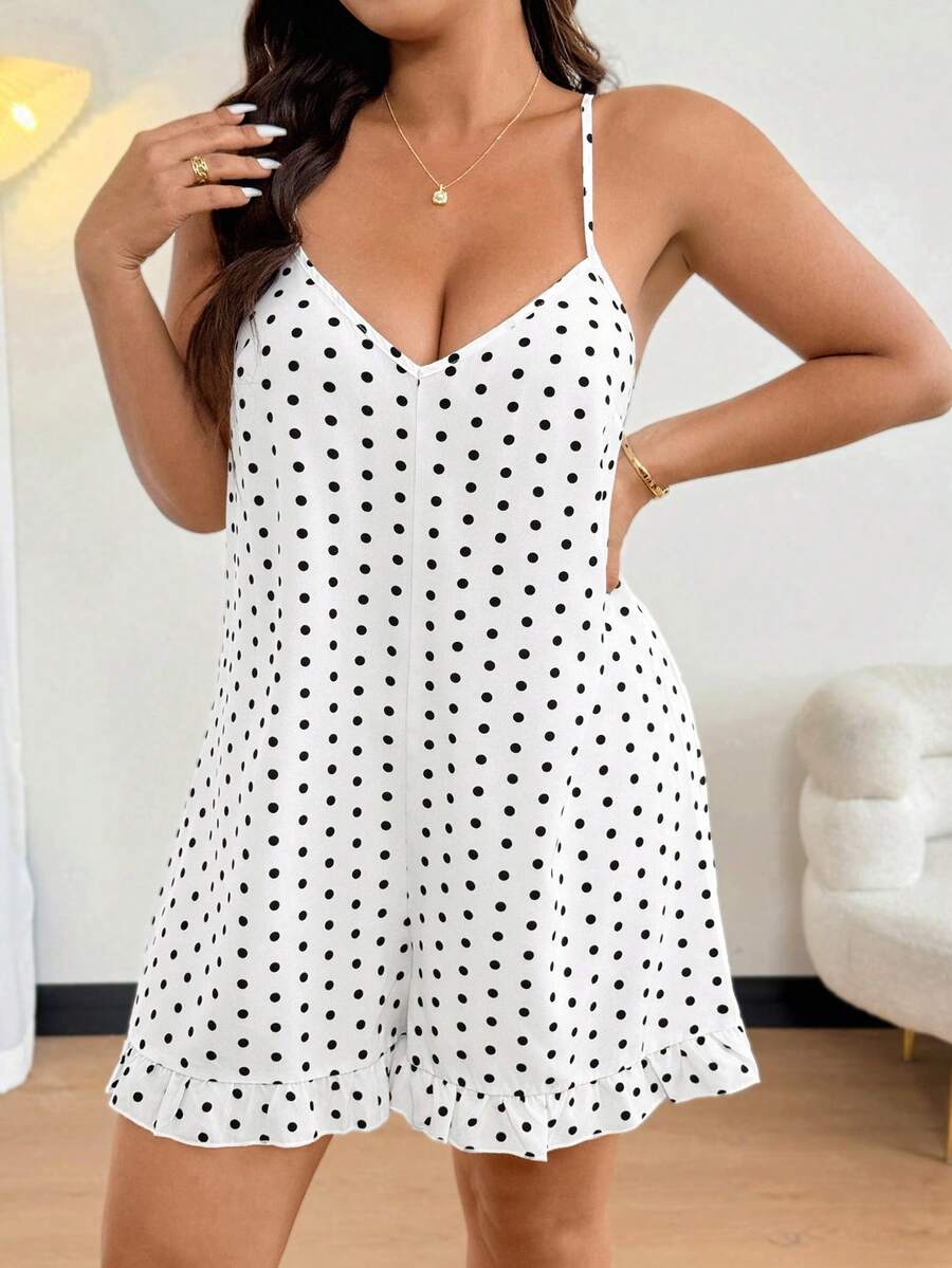 Easura 波点吊带A字荷叶边下摆优雅度假连体裤（女款） - 黑與白 - 查看 1