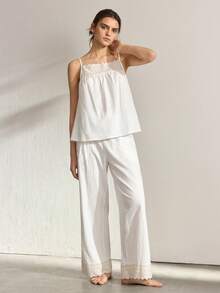 Ocili Bộ đồ ngủ nữ màu trơn gồm áo hai dây và quần dài - trắng - Xem 8