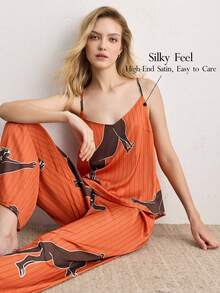 Ocili Bohemian Satin Leopard Animal Lace Minimalist Draped Neck 2-Piece Set, Spaghetti Strap Long Pants, Comfortable Women Sleepwear Pajama Set - Coral Orange - View 1