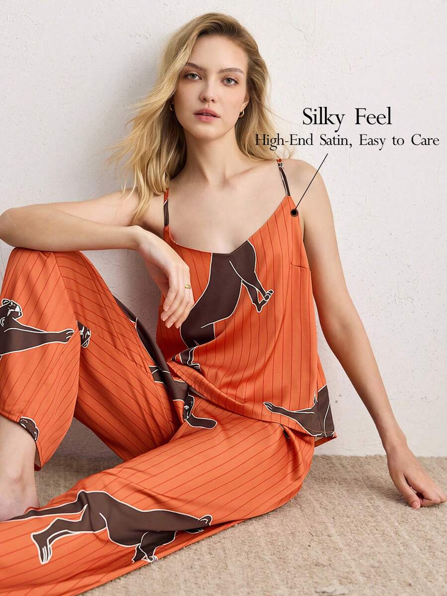 Ocili Bohemian Satin Leopard Animal Lace Minimalist Draped Neck 2-Piece Set, Spaghetti Strap Long Pants, Comfortable Women Sleepwear Pajama Set - Coral Orange - View 1