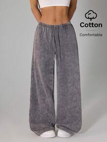 SHEIN PETITE 浅灰色女士休闲低腰直筒运动裤，适合夏季穿着，水洗雪花效果 - 淺灰色 - 查看 4