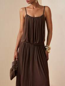 Zivah Summer New Casual Basic Vacation Beach Chiffon Spaghetti Strap Dress - Apricot - Brown - View 10
