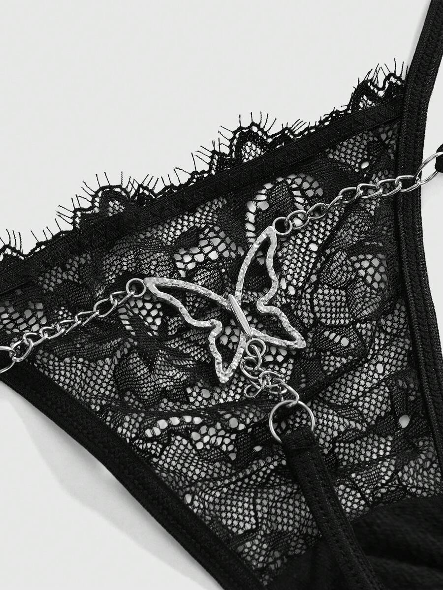 Quần lót ren dây xích kim loại hình bướm Gothic - màu đen - Xem 1
