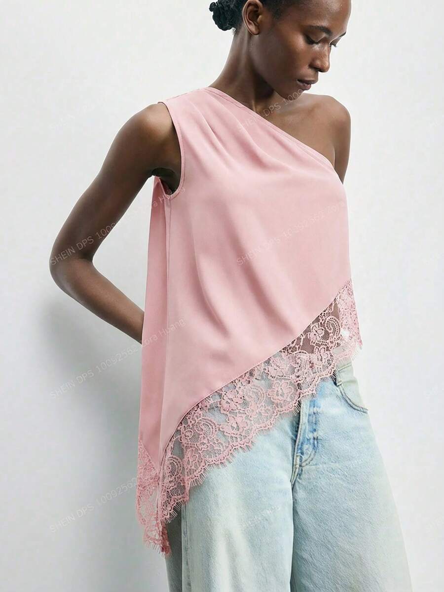 Maija 2026春夏初秋独立日七月女装不对称肩部设计现代都市女士夏季黑色纯色褶皱无袖休闲上衣 - 粉色 - 查看 1