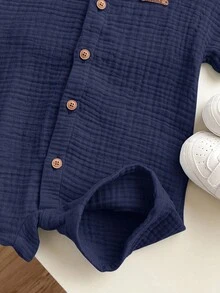 Newborn Baby Boy Cute Casual Solid Color Short Sleeve Romper & Shorts Set, Summer - Navy Blue - View 4