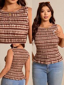 Elaquor Plus Size Summer Casual Striped Slim Fit Tank Top Spring/Summer Top For Women Going Out Top For Women Spring/Summer Casual Elegant Vacation Top, Summer Tops - Brown - View 3