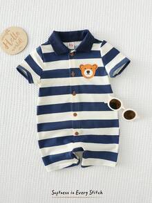 Cozy Pixies Baby Boy Cartoon Bear Striped Lapel Short Sleeve Romper - Blue - View 7
