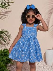 SHEIN Babygirl Summer Vacation Casual Cute Blue Floral Print Camisole Dress - Multicolor - View 3