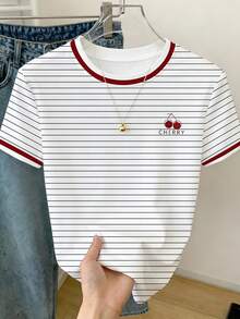 Resyla Striped & Cherry Print Round Neck T-Shirt For Women - White - View 3