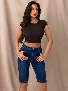 SHEIN Cottnline Slim Fit Mid-Length Denim Shorts, - Dark Wash - View 1