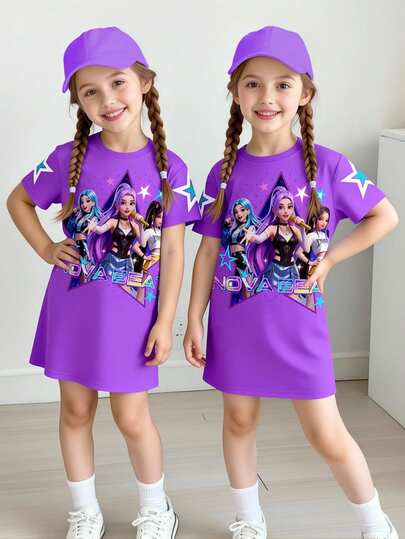 Digital Print Idol Girl Group Tee Dress, Fashionable Casual, Suitable For Tween Girls In Spring/Summer