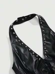 ROMWE Grunge Punk 女士朋克铆钉装饰腰部交叉绑带PU皮革露背迷你吊带连衣裙，适合夜店派对、音乐节、日常出行 - 黑色 - 查看 3