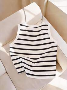 GlowEve Women's Elegant High-End Striped Knit Tank Top, Spring/Summer - Black and White - View 2