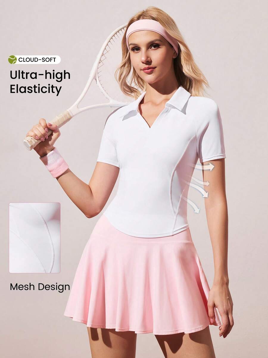 SHEIN Sports 女士修身 Polo 衫,白色,短袖,翻领,吸湿排汗面料,适合休闲穿着、跑步、瑜伽、健身、网球、高尔夫等运动。 - 白色 - 查看 1