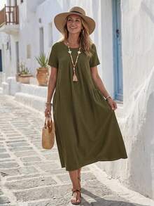 Faunlyn Women's Casual Solid Color Double Pocket Dress - Green - View 4