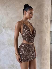 Aloruh 女士优雅系带垂褶领亮片刺绣低腰半身裙，两件套，适合派对、聚会、海滩度假 - 卡其色 - 查看 8