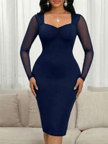 SHEIN Lady 女士优雅撞色网纱心形领紧身连衣裙，秋季 - 藏蓝色 - 查看 3