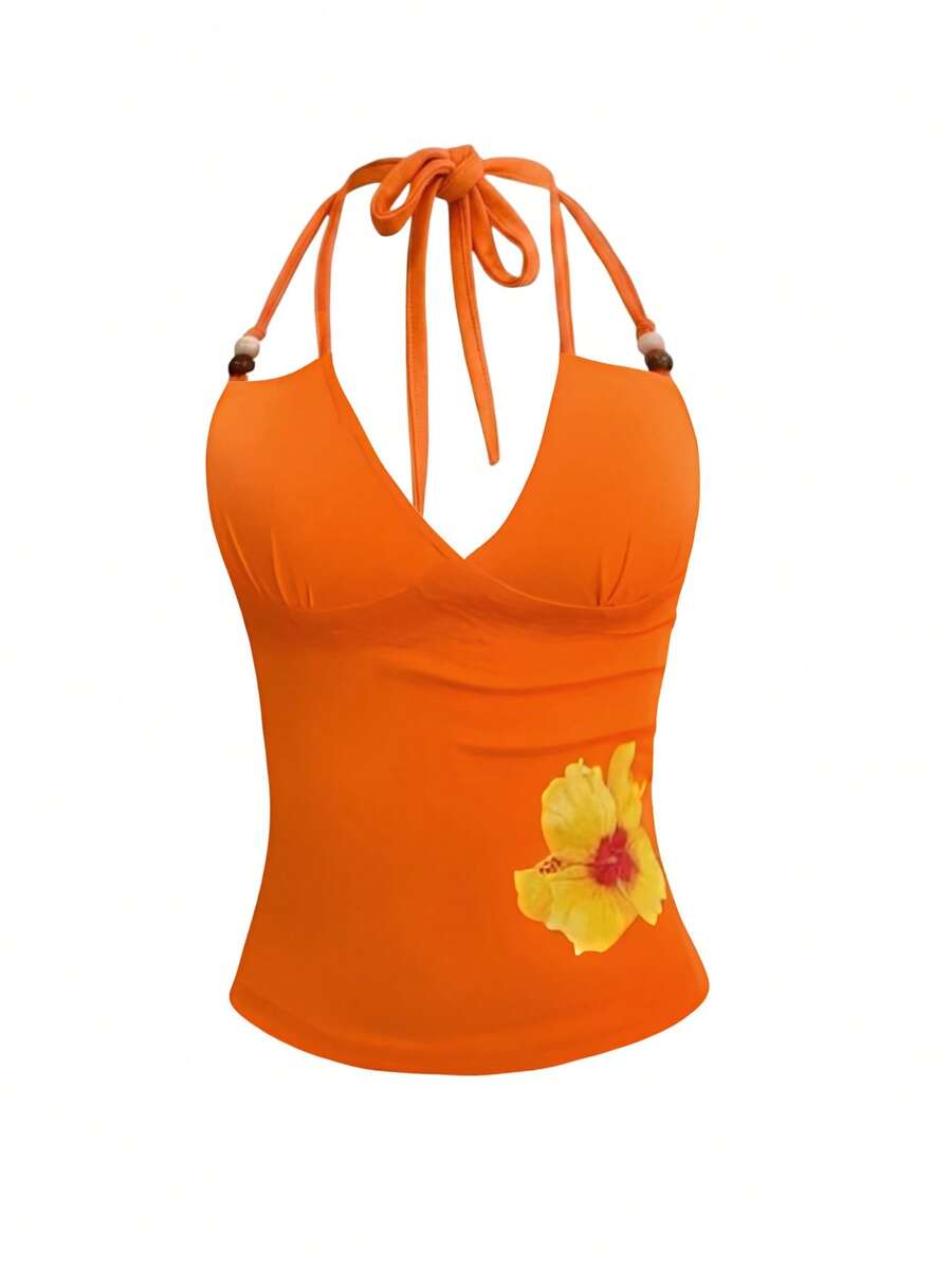 INAWLY Top ajustado con cuello de halter estampado con flores tropicales y cuentas - Naranja - Ver 1