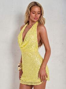 SHEIN Glamour 女士亮片露背系带性感迷你连衣裙，适合约会和派对 - 黃色 - 查看 1