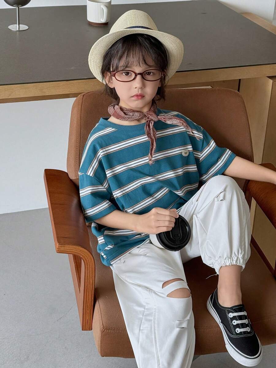 DAZY 男童条纹印花圆领休闲短袖T恤 夏季 - 藍色 - 查看 1