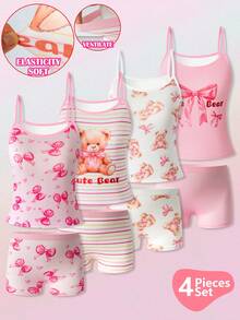 SHEIN 4件套 女童小熊蝴蝶结印花吊带背心+柔软三角内裤套装 - 彩色 - 查看 1