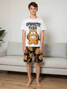 2件套青少年男童白色底虎纹黑色短裤短袖休闲家居服套装 - 彩色 - 查看 6