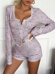 DAZY 2pcs Lace Patchwork Ditsy Floral Slim Fit Cardigan & Shorts Pajama Set, Suitable For Spring & Summer - Mauve Purple - View 6