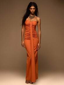 MUSERA Slinky Extreme Ruched Draped Fitted Strapless Bandeau Maxi Dress Spring Summer Elegant Vacation Holiday Ibiza Club Occasion Sexy Evening Wedding Guest Sunset Kiss - Orange - View 5
