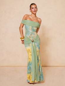 Lumalex Vestido de sirena elegante y sexy para vacaciones con diseño ajustado de cintura, hombros descubiertos y decoración de hebilla metálica, primavera/verano - Multicolor - Ver 8