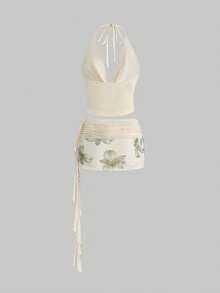 ROMWE Bộ đồ 2 món cho kỳ nghỉ hè: Áo hai dây cổ xếp ly sâu và chân váy đuôi cá xẻ cao, cạp thấp in hoa. - Nhiều màu - Xem 2