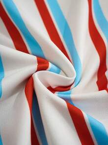 LOONEY TUNES X SHEIN 男婴休闲条纹卡通印花短袖连体衣，夏季 - 彩色 - 查看 6