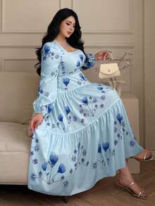 Vibekara 优雅法式方领印花长连衣裙，休闲百搭，适合约会和聚会，粉色，大码 - 藍色 - 查看 6