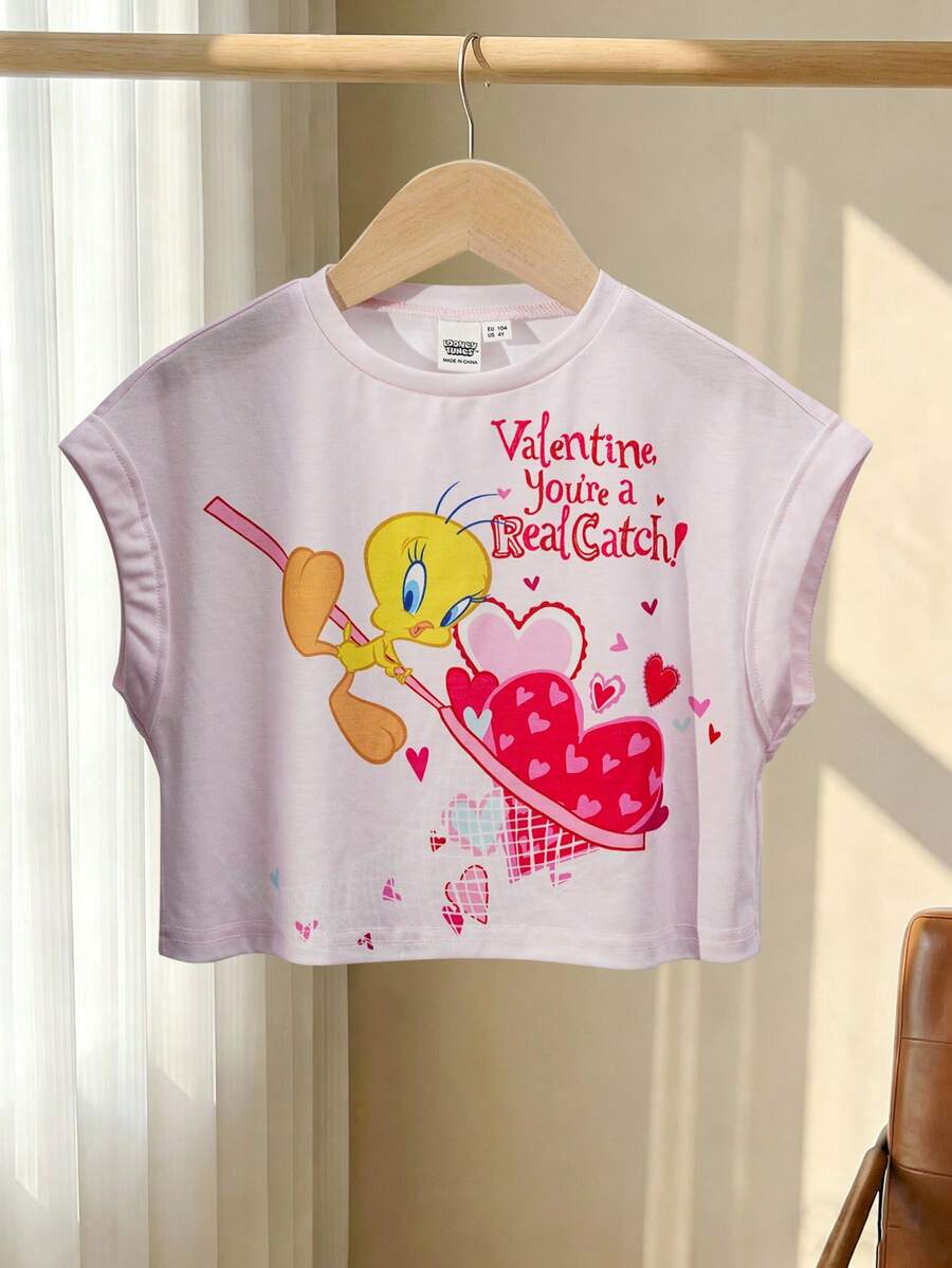 LOONEY TUNES X SHEIN Young Girl Round Neck Letter & Heart Print Casual Versatile Daily Wear T-Shirt - Baby Pink - View 1