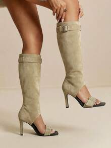 Daringsoles Women Shoes Spring And Autumn Explosion Open-Toe Buckle Square Toe Thin High Heel Pull Wind Khaki Brown Beautiful Boots Outside Wear - Khaki - View 6